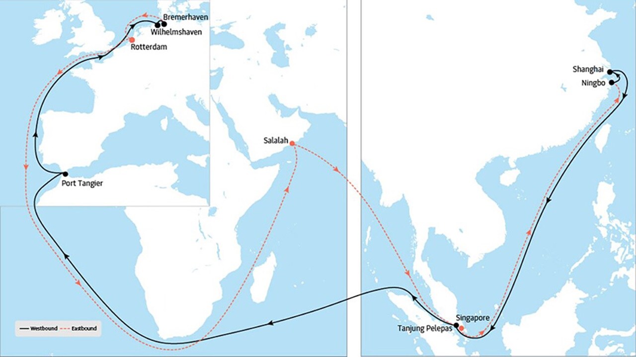 AE 2 - Asia to Europe service map