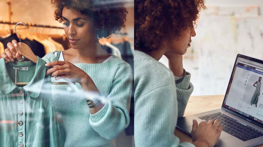 Woman with blue sweater shopping in store and online
