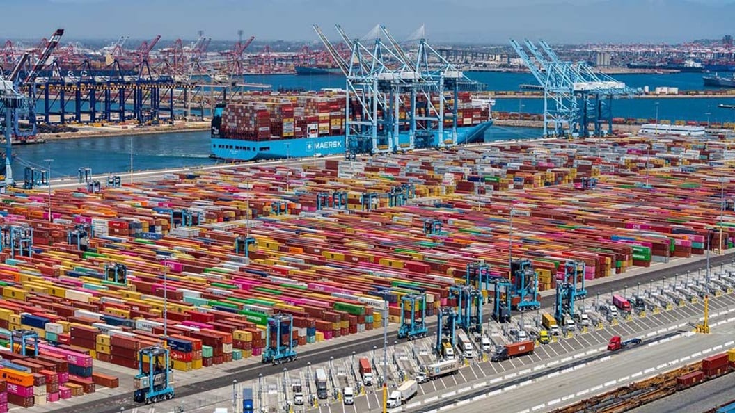 Aletta Maersk arriving at Port of Los Angeles, LA, California, United States.