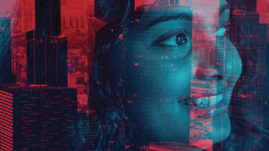 woman smiling with red background