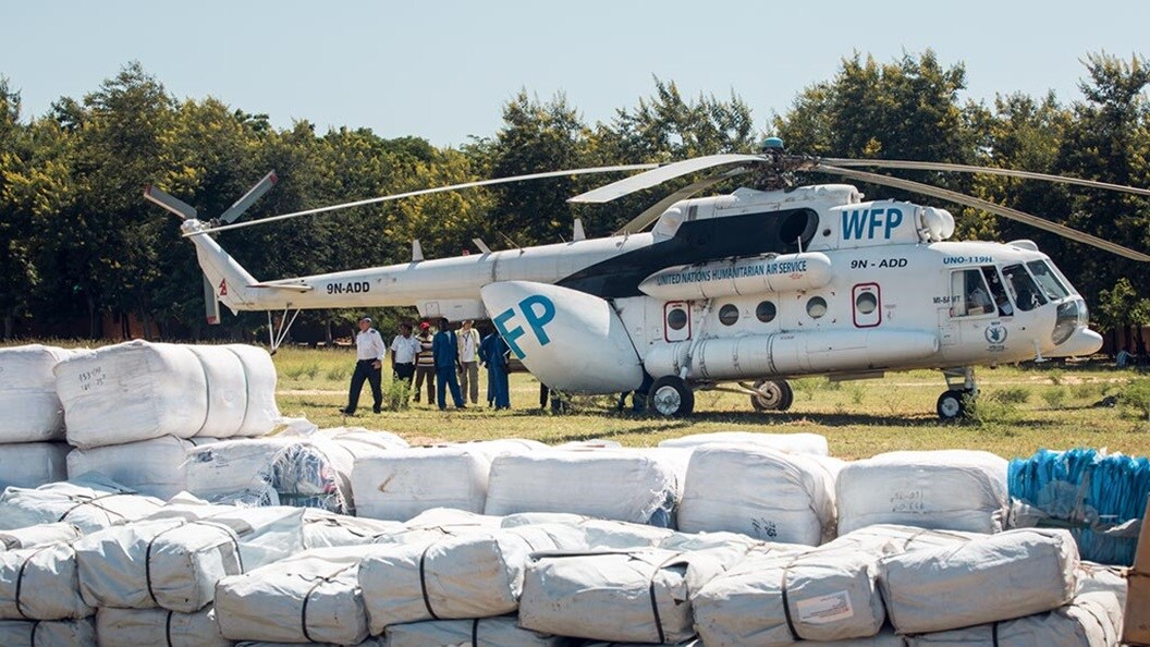 A World food Program helicopter supplying aid to the victims of Malawi's devastating floods.
