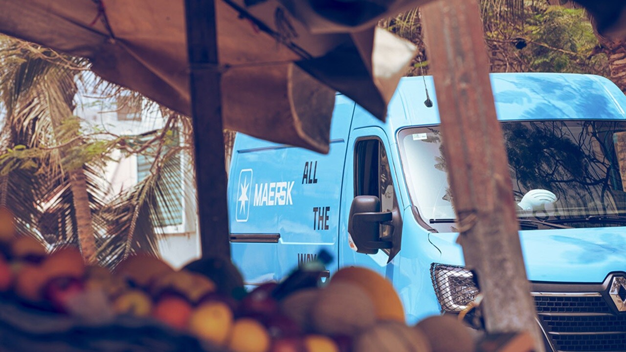 Blue van at market