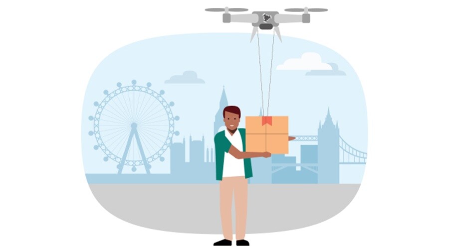 Illustration of a male receiving delivery of a shipment through drone