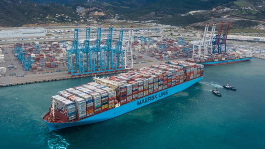 Bird's eye of a Maersk vessel along the port