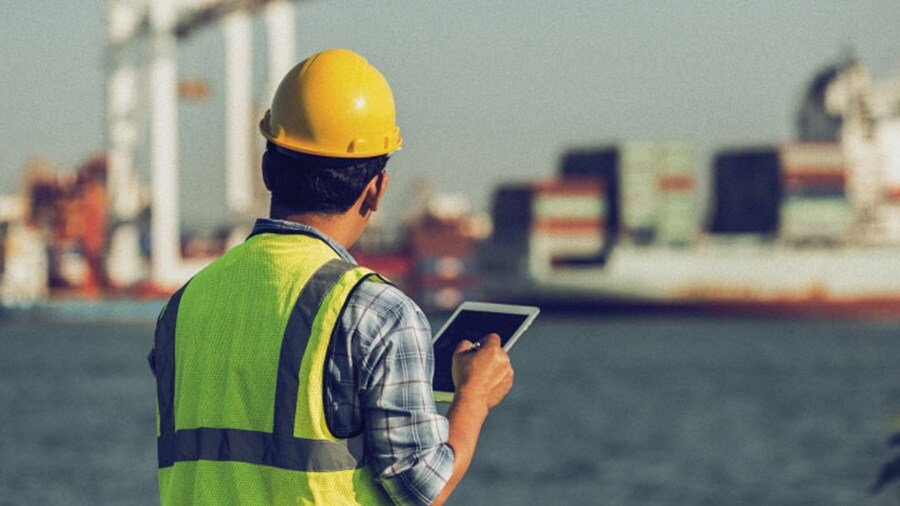 Man logging in container at the dock