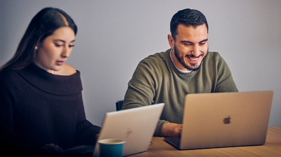 Two coworkers working on laptops at a desk.