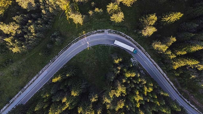 Truck driving on a winding forest road.