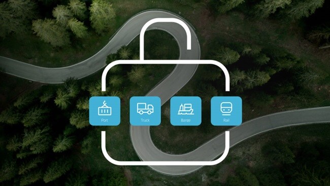 Transport icons over winding forest road