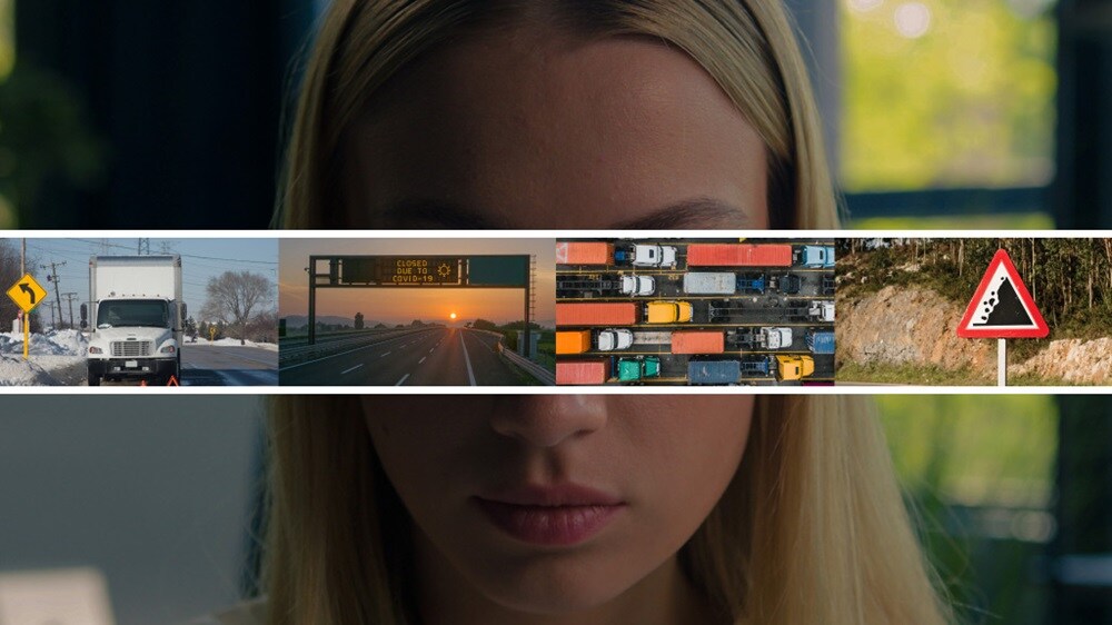 风险管理概念图展示了包括卡车故障、高速公路封闭、火山爆发和抗议活动在内的各类中断事件。